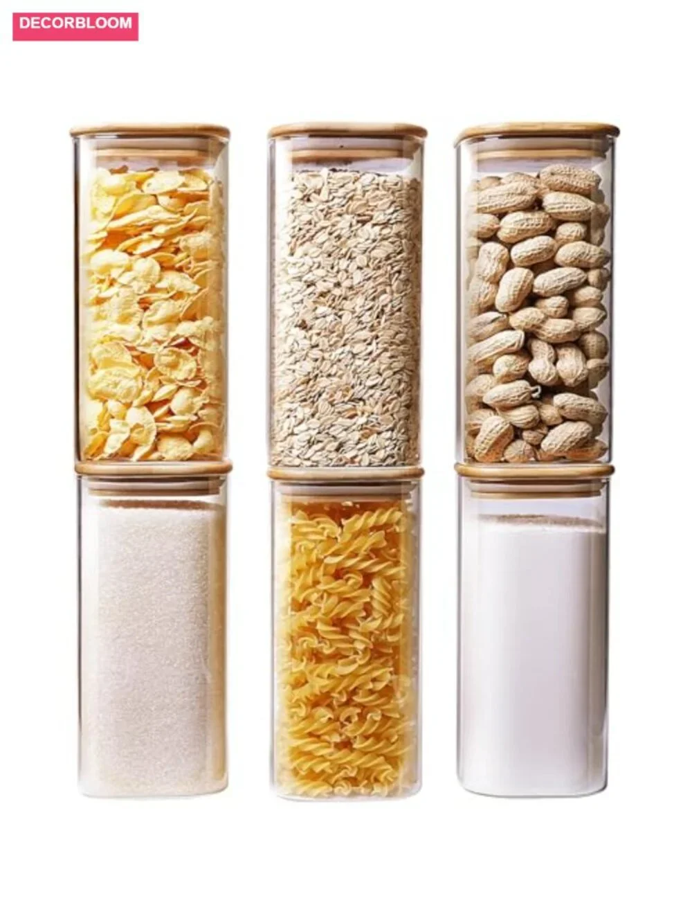 Set of 6 Square Glass Jars with Bamboo Airtight Lids 30 oz Food Storage